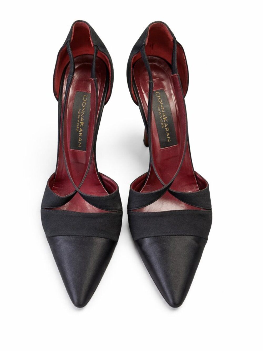 Donna Karan Black Satin Pointed Toe Slingback Pumps with Burgundy Interior